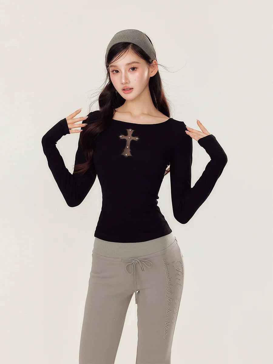 Embroidery Hollow Cross Long Sleeve Top