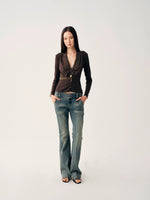 Brown Ruched V-Neck Top