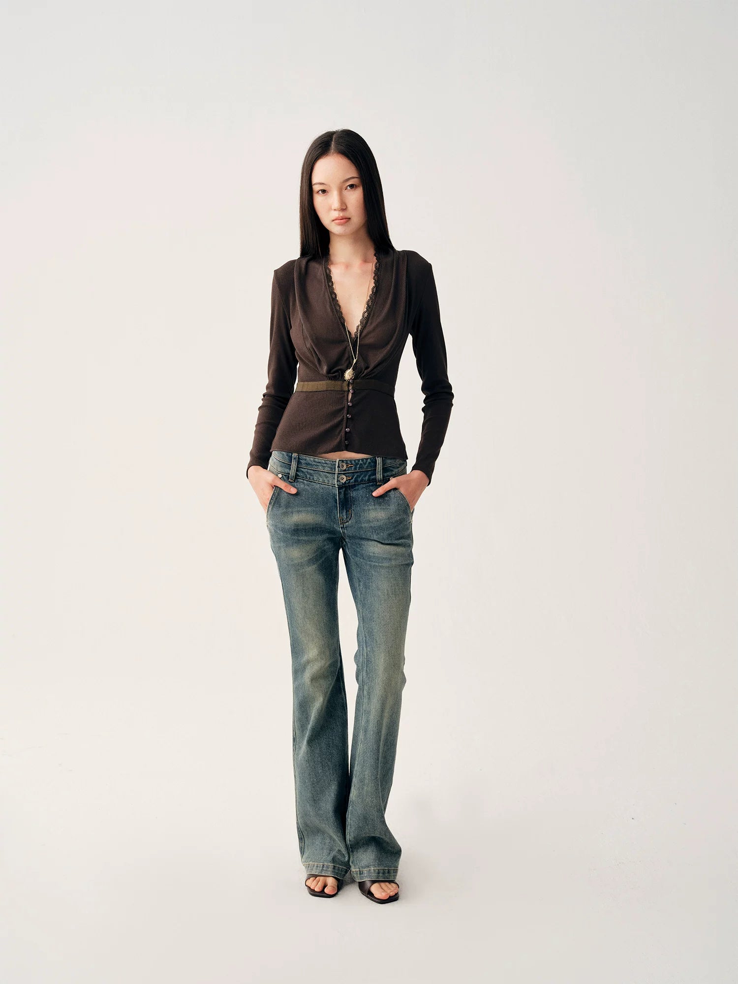 Brown Ruched V-Neck Top