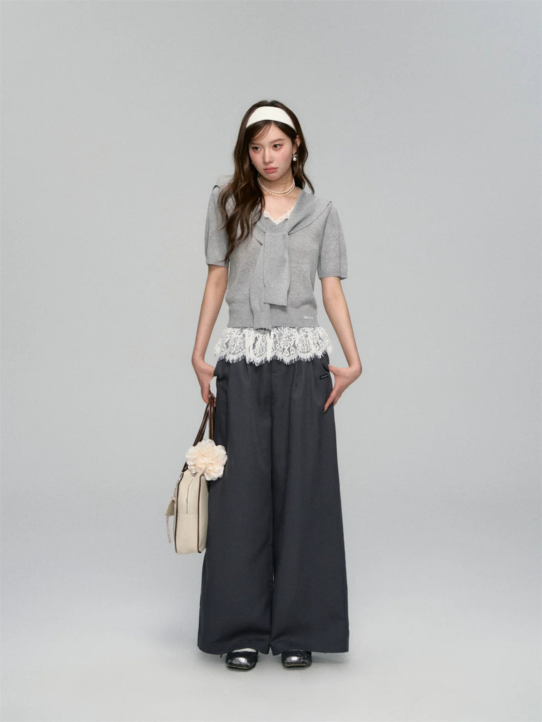 Waistband Lace-spliced Faux Two-piece Long Pants
