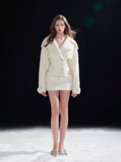 Shearling Collar Waist-Cinching Coat &amp; Wool Skirt Set