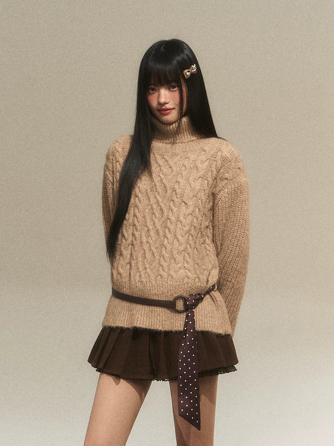 High-Neck Cable Knit Sweater