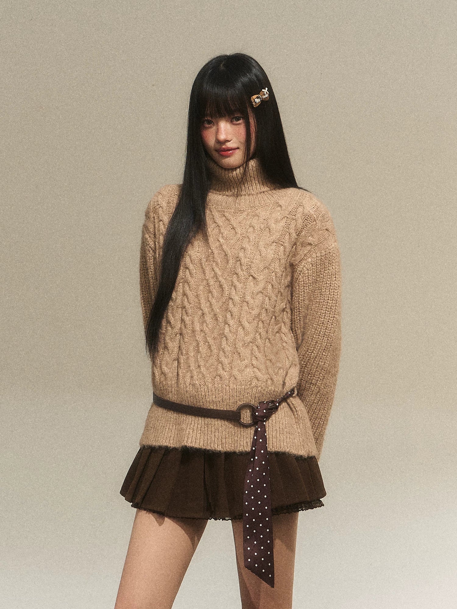 High-Neck Cable Knit Sweater