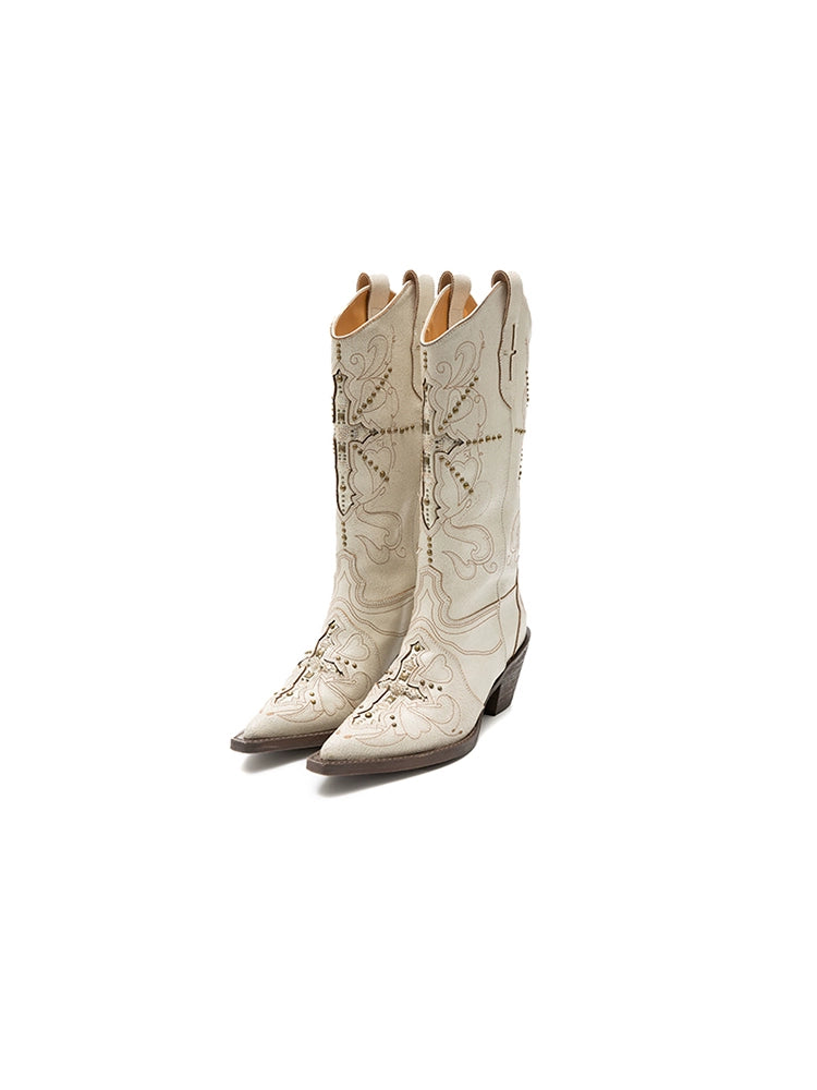 V-Mouth Pointed-Toe Leather Embroidered Denim Boots