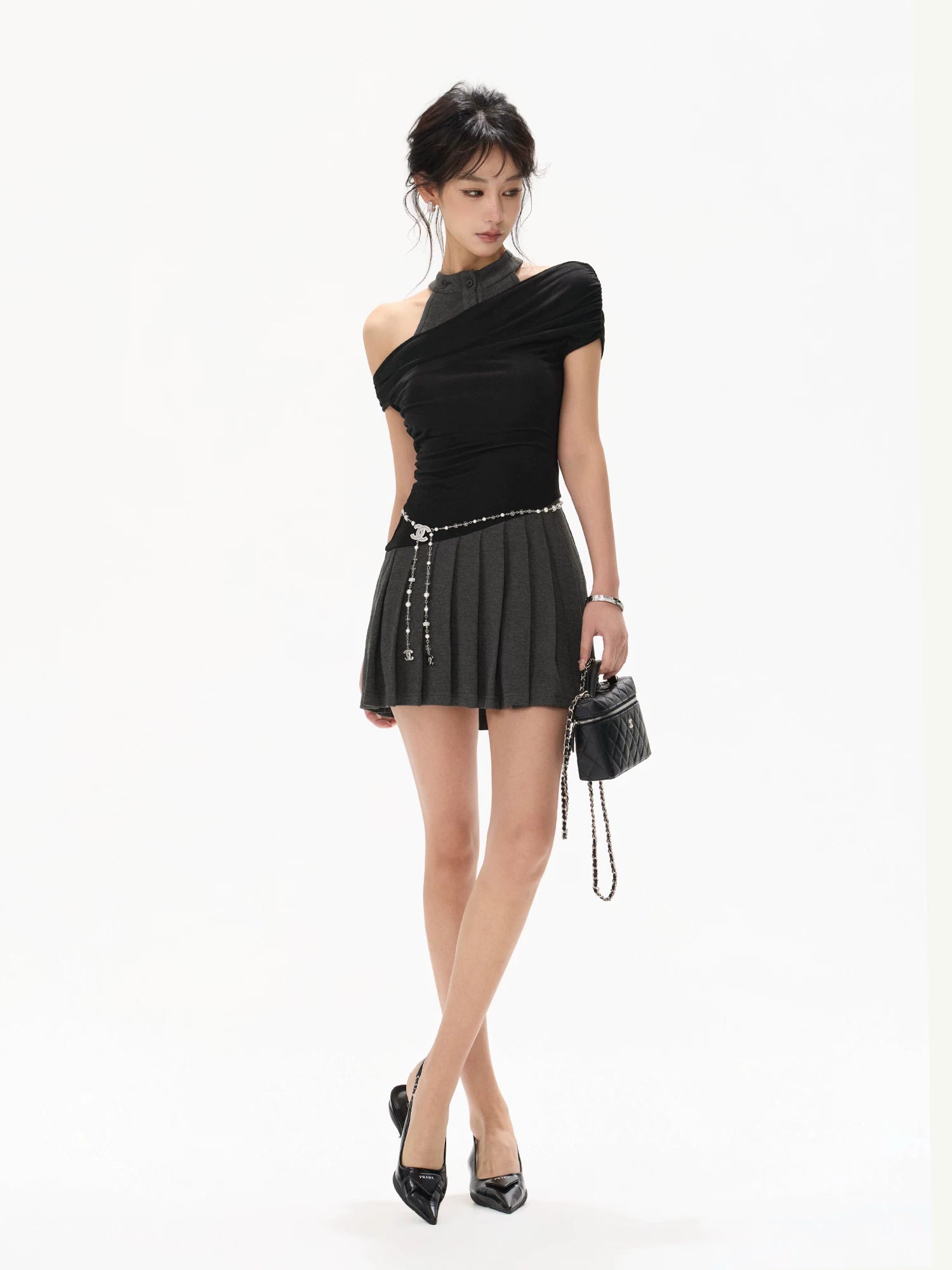 Black Halter Pleated Dress