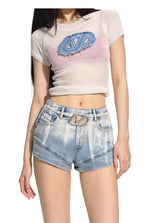 Gradient Floral Elastic Skinny Denim Shorts