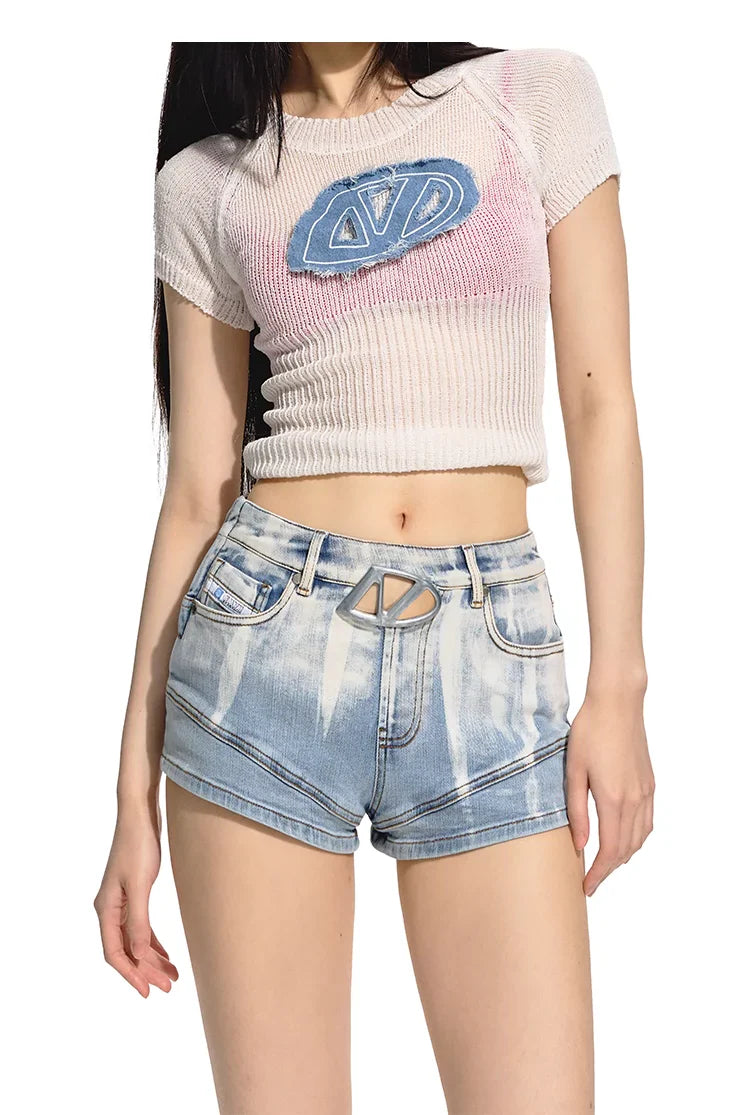 Gradient Floral Elastic Skinny Denim Shorts