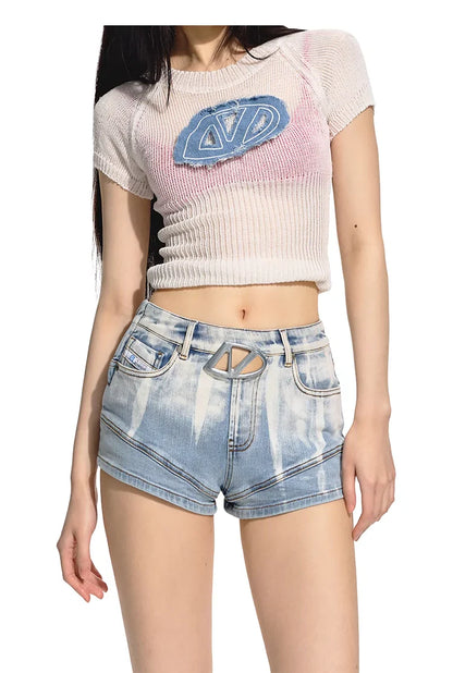 Gradient Floral Elastic Skinny Denim Shorts