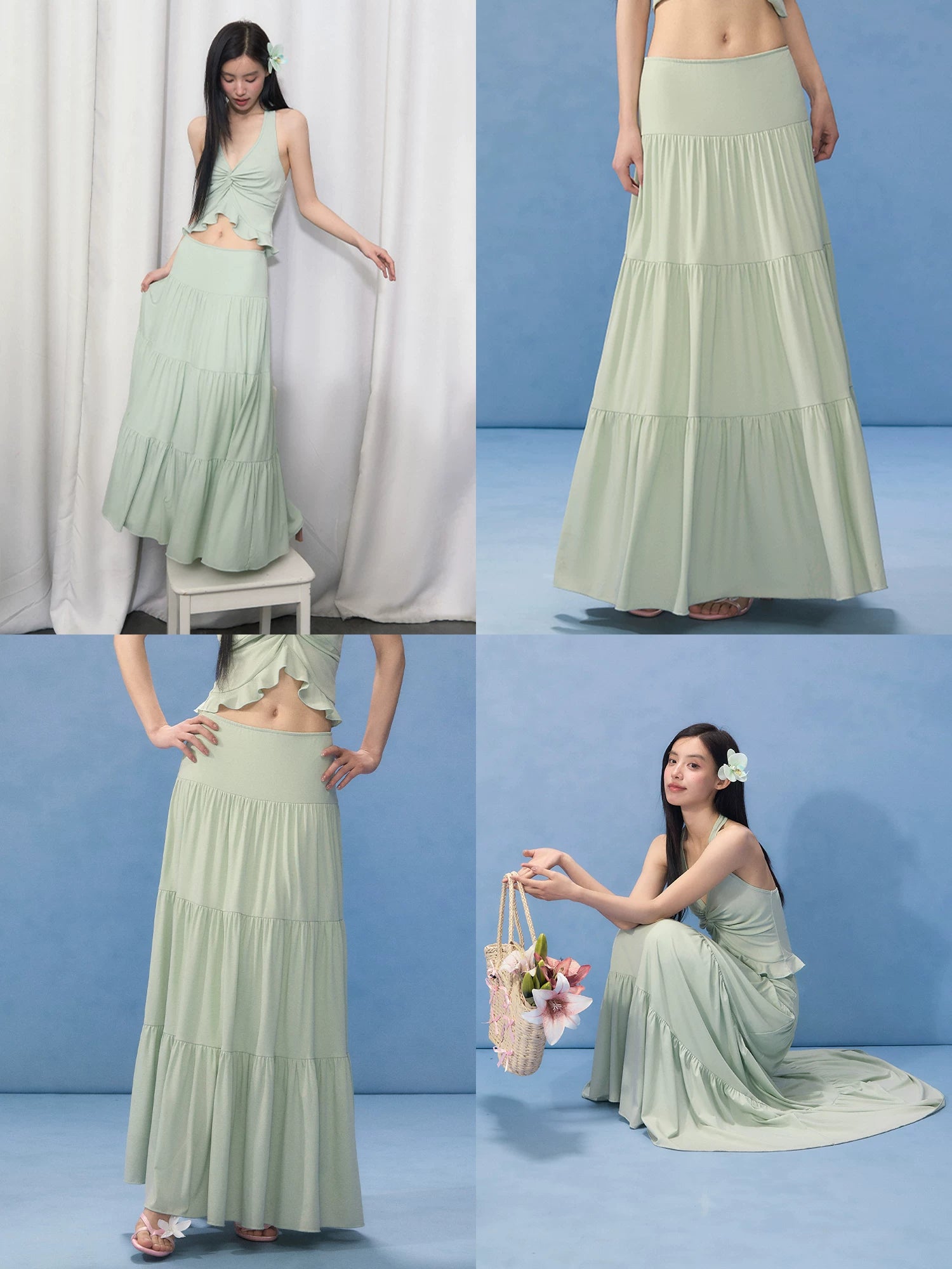 Green Tiered Maxi Skirt