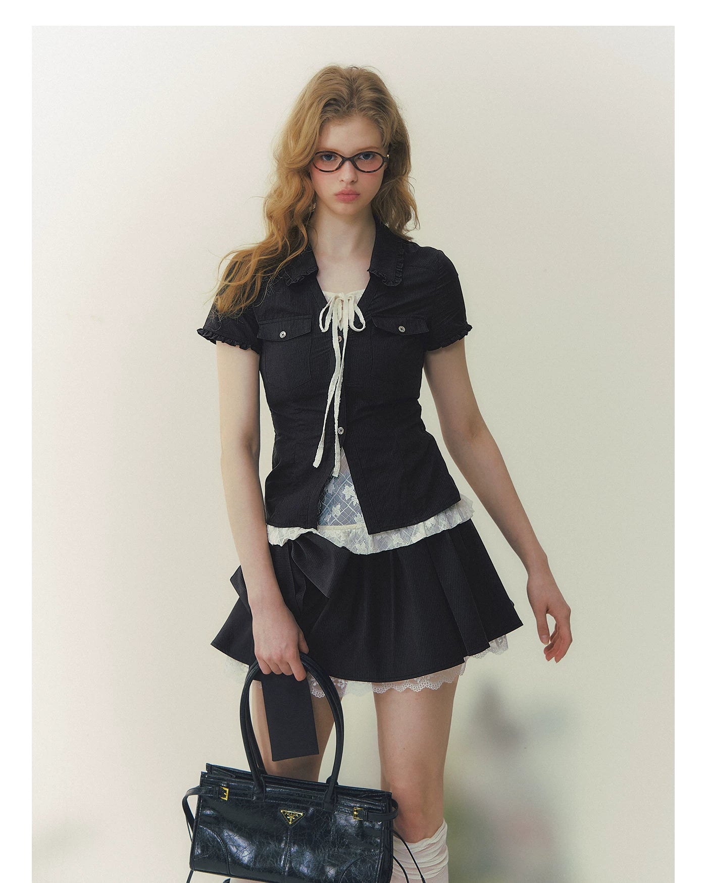 Black &amp; Pink Lace Panel Waist Shirt