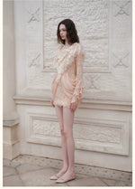 V-Neck Lace Pleated Dress