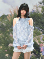 Plaid Halter Ruffle Blouse