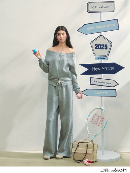 Off-Shoulder Zip-up Sweatshirt &amp; Pants Set