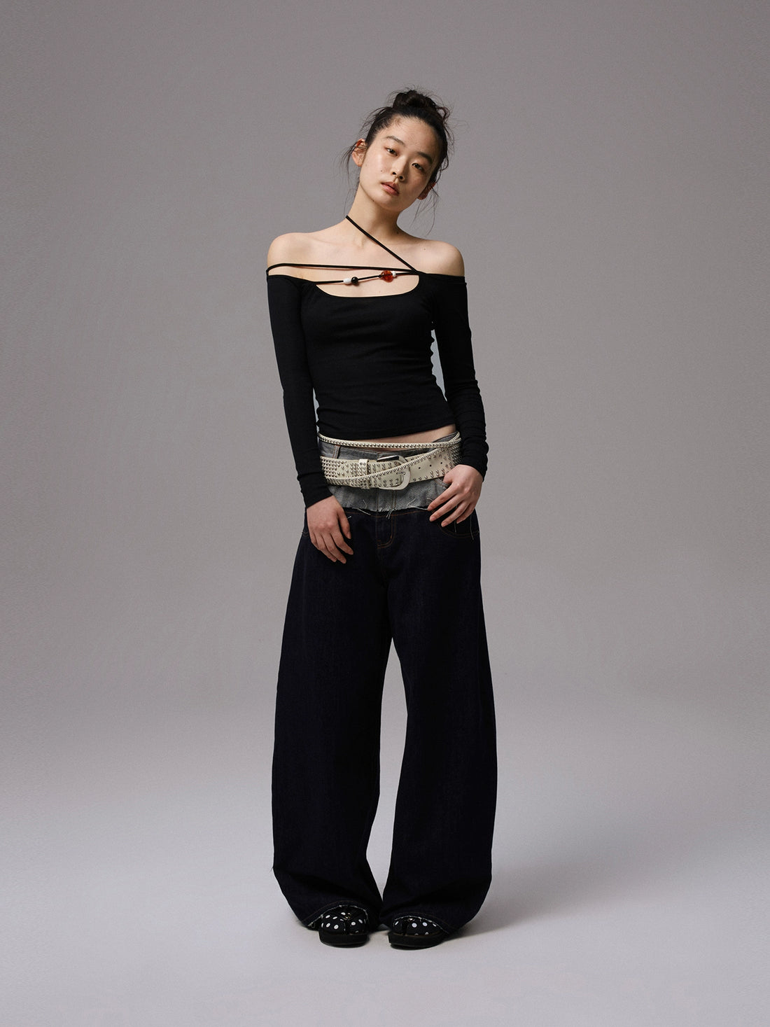 One-Shoulder Beaded Strappy Solid Color T-Shirt