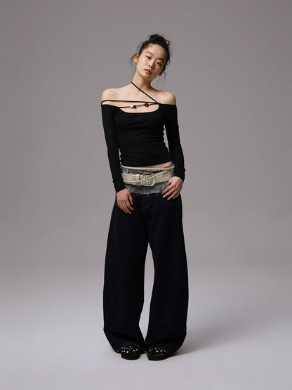 One-Shoulder Beaded Strappy Solid Color T-Shirt
