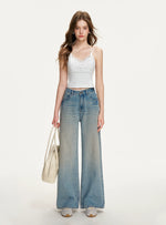 Denim Blue Lace Tie Wide-Leg Jeans