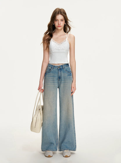 Denim Blue Lace Tie Wide-Leg Jeans