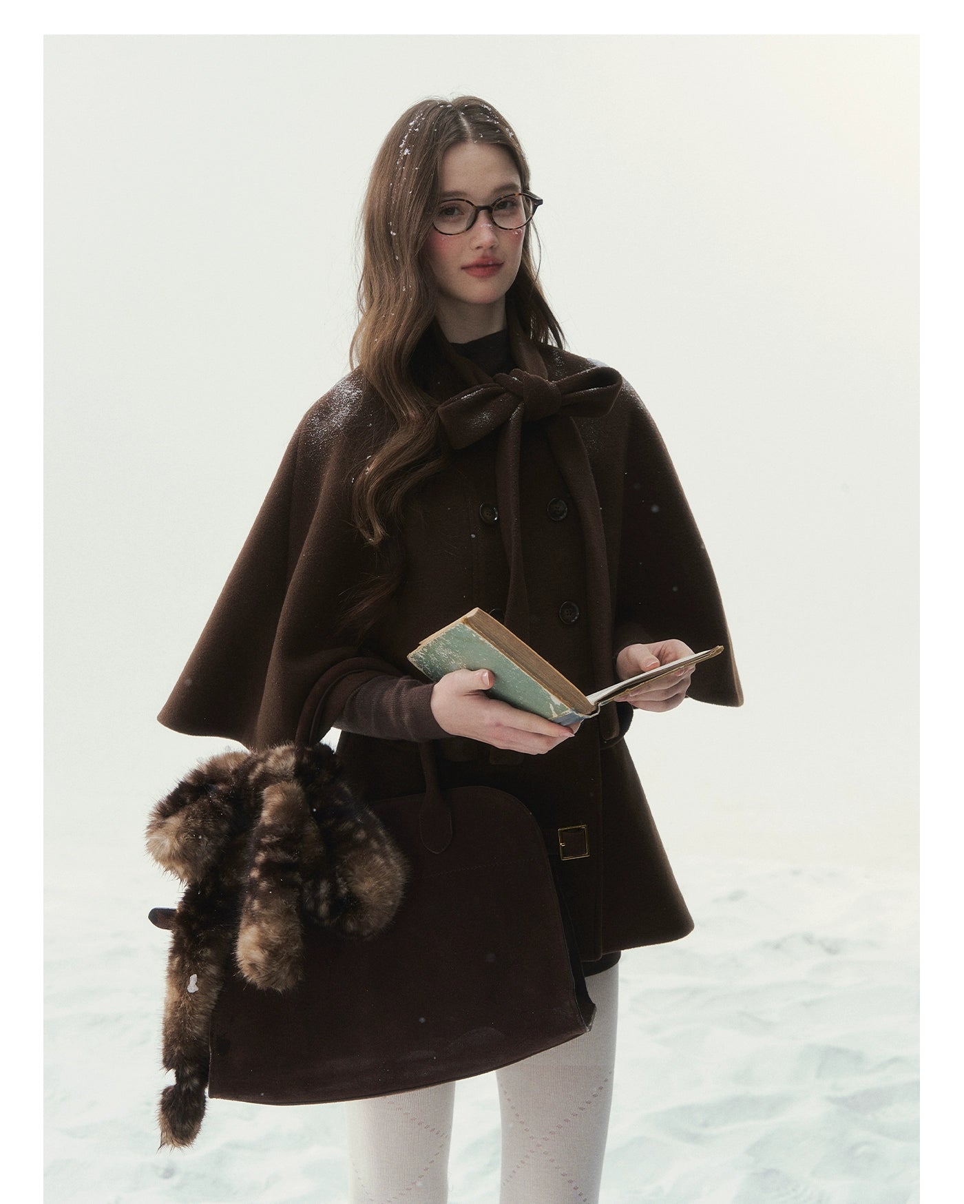 Brown Bow-Tie Double-Breasted Cape Coat