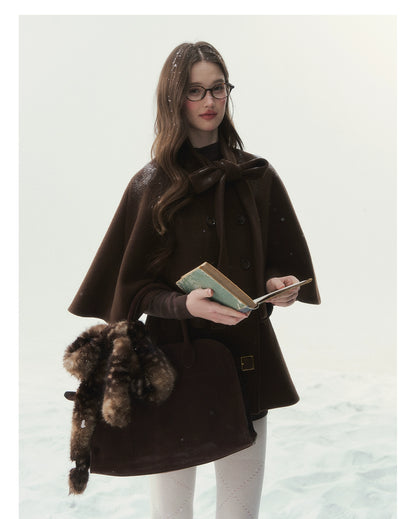 Brown Bow-Tie Double-Breasted Cape Coat
