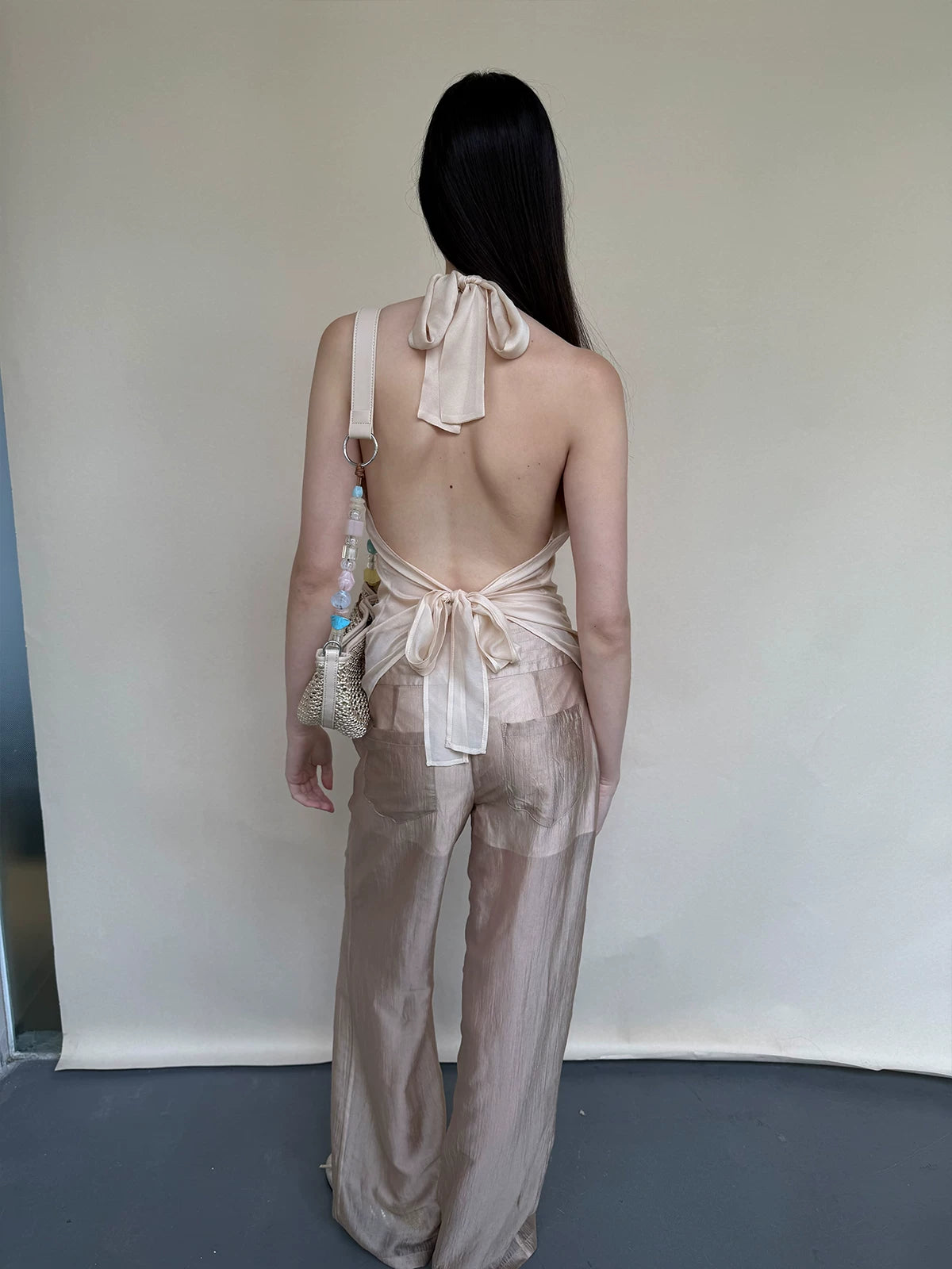 Champagne Acetate Sheer Straight Pants