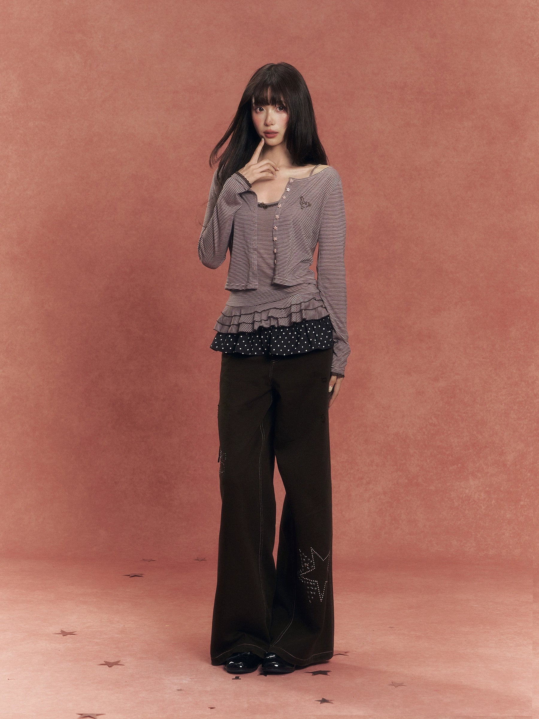 Lyocell Stripe Cardigan &amp; Lace-Trim Cami Set