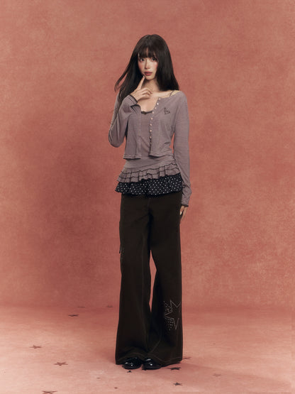 Lyocell Stripe Cardigan &amp; Lace-Trim Cami Set