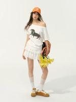 Off-Shoulder Pearl Embroidered Asymmetrical T-shirt