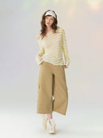 Sheer Off-Shoulder Striped Long Sleeve T-shirt