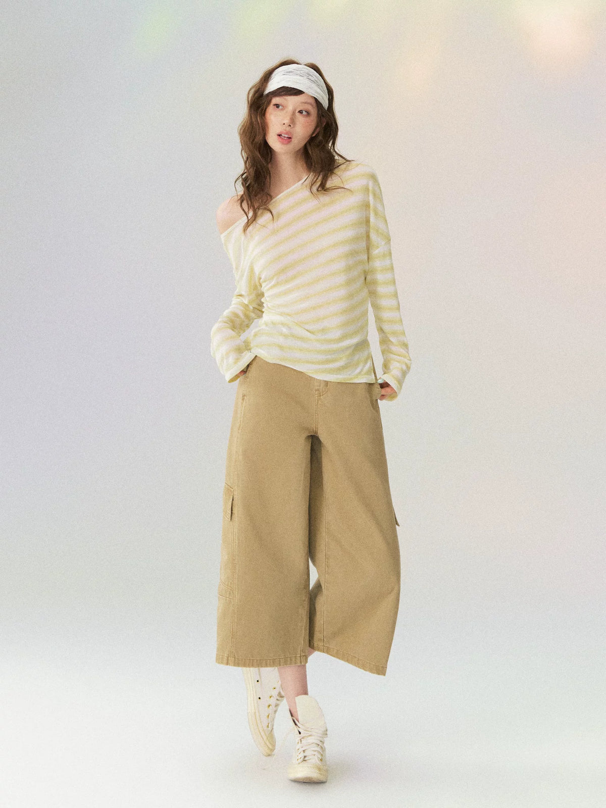 Sheer Off-Shoulder Striped Long Sleeve T-shirt