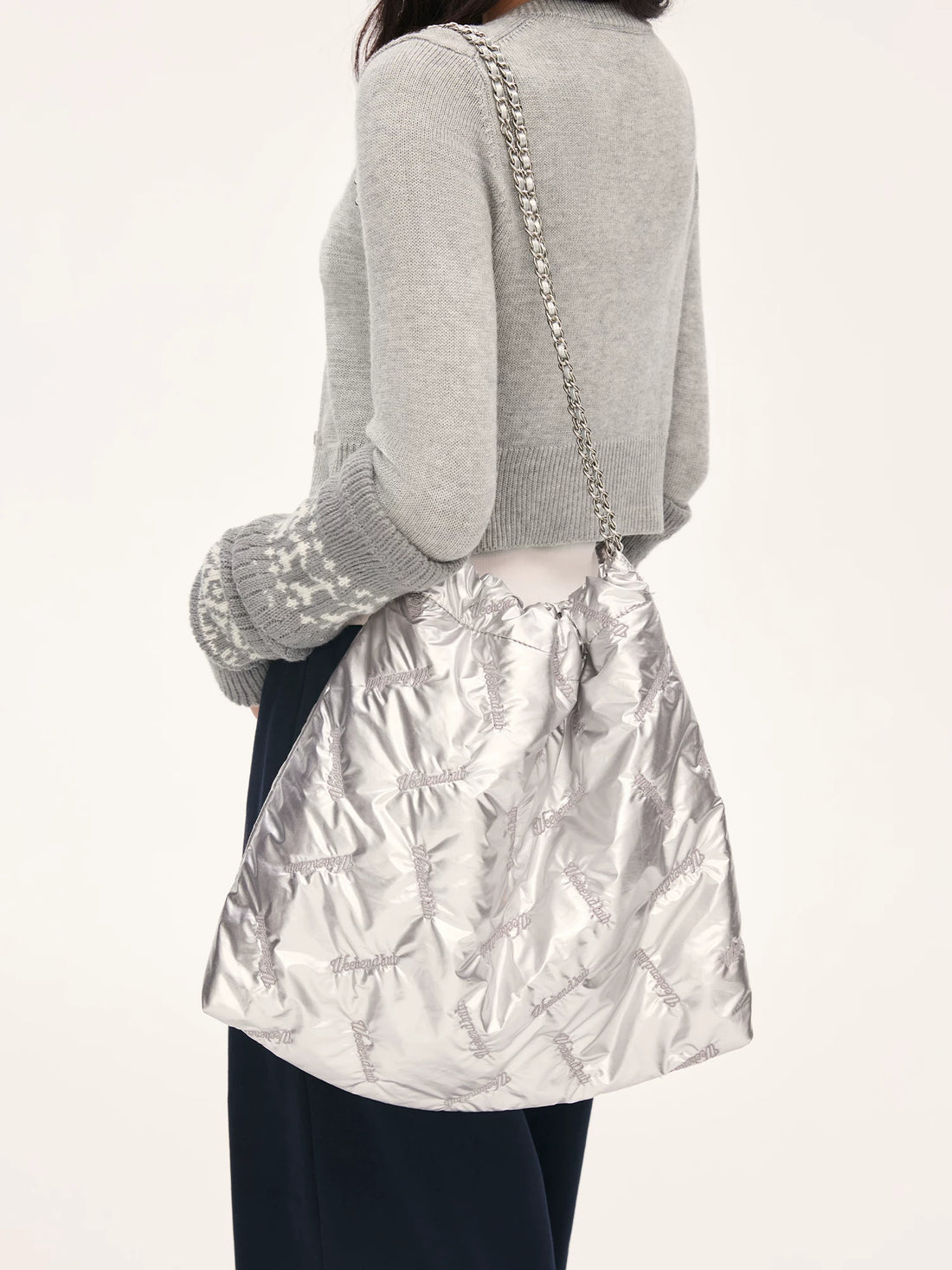 Gray Embroidered Chain Bag