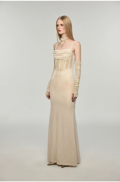 Fishbone Strap Long Velvet Bodycon Dress