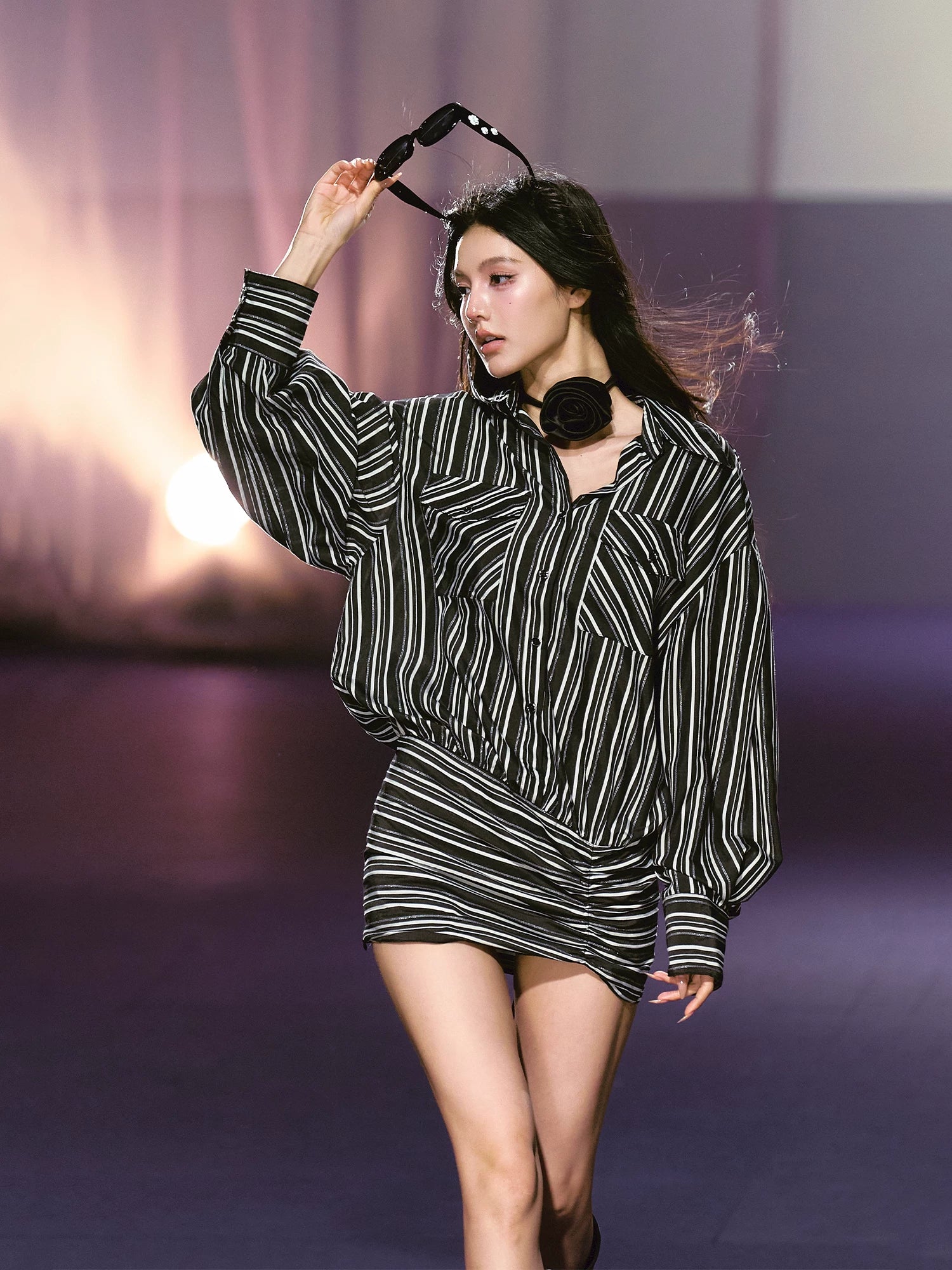 Detachable Floral Striped Shirt Dress
