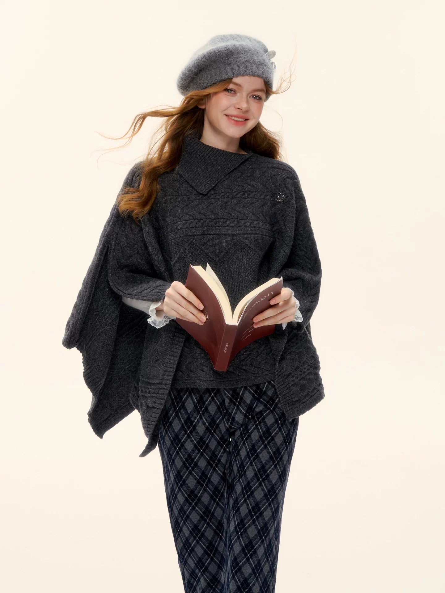 Cable-Knit Asymmetric Collar Cape Top