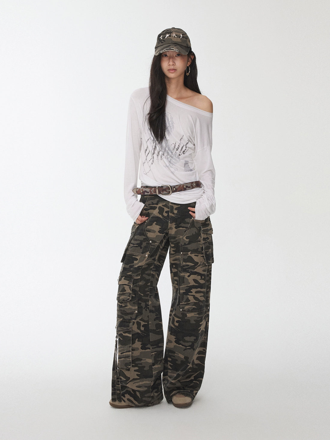Washed Camo Multi-Pocket Cargo Wide-Leg Pants