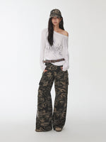 Washed Camo Multi-Pocket Cargo Wide-Leg Pants