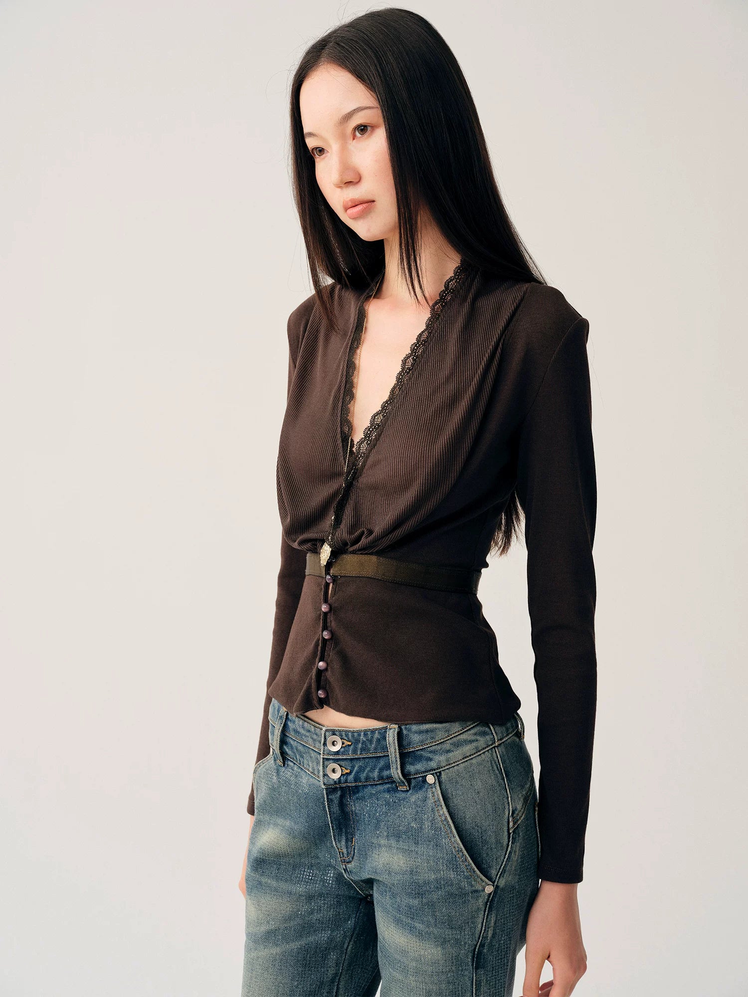 Brown Ruched V-Neck Top