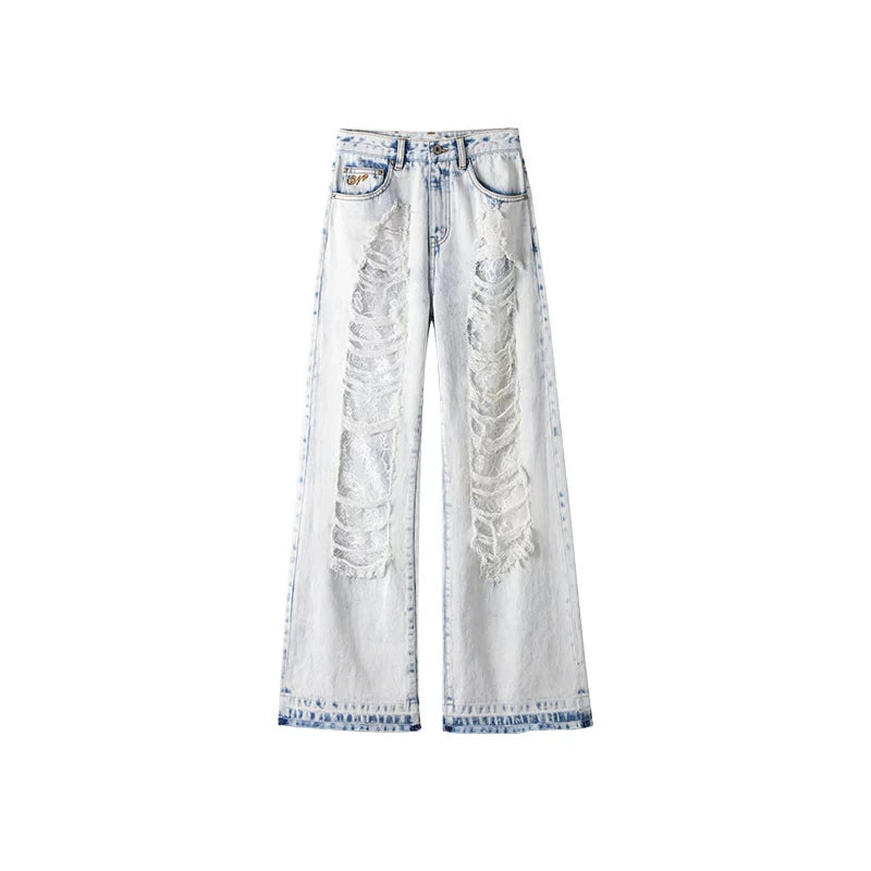Blue &amp; Black Ripped Lace Denim Jeans
