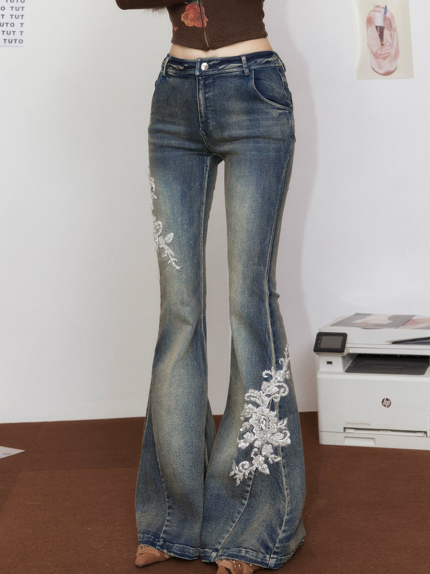 White Embroidered Flared Washed Denim Jeans