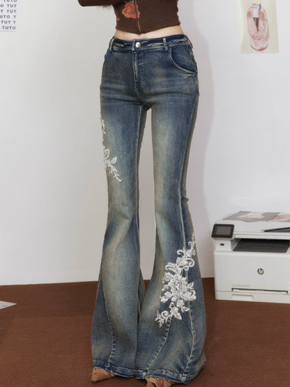 White Embroidered Flared Washed Denim Jeans
