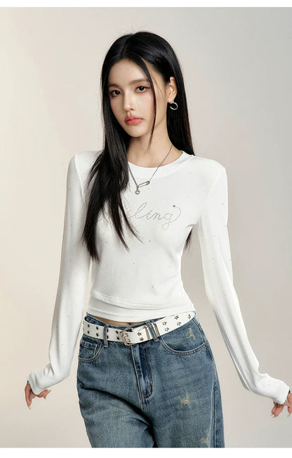 Black &amp; White Round Neck Fitted Long-sleeve T-shirt