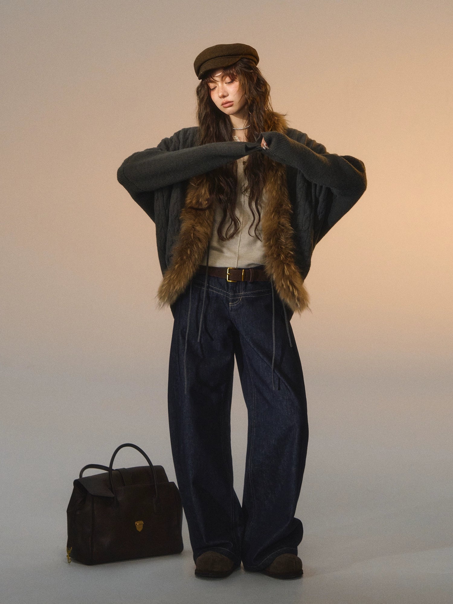 Tie Batwing Fur Collar Sweater