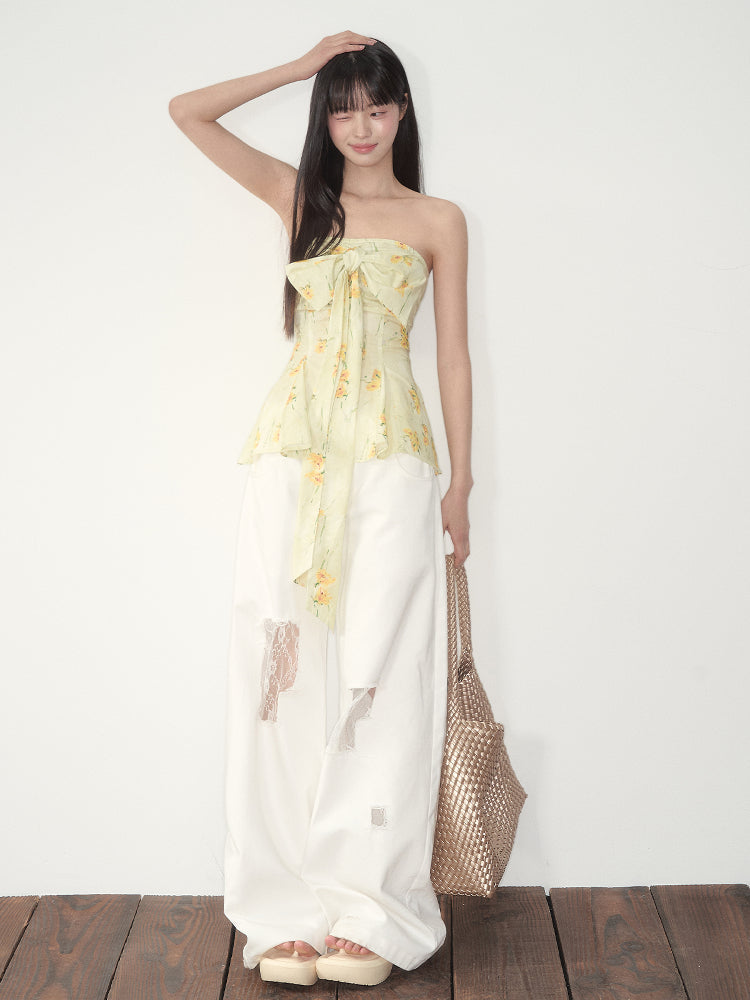 White Lace Splicing Denim Wide-Leg Pants