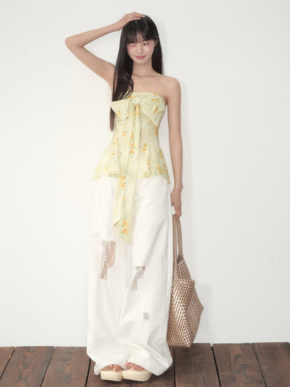 White Lace Splicing Denim Wide-Leg Pants