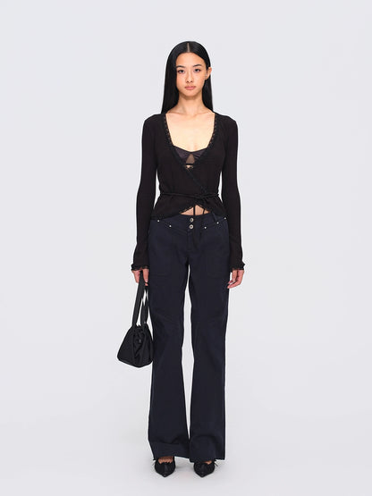 Two-Tone Lace-Trim Cross-Tie Cropped Knit Cardigan