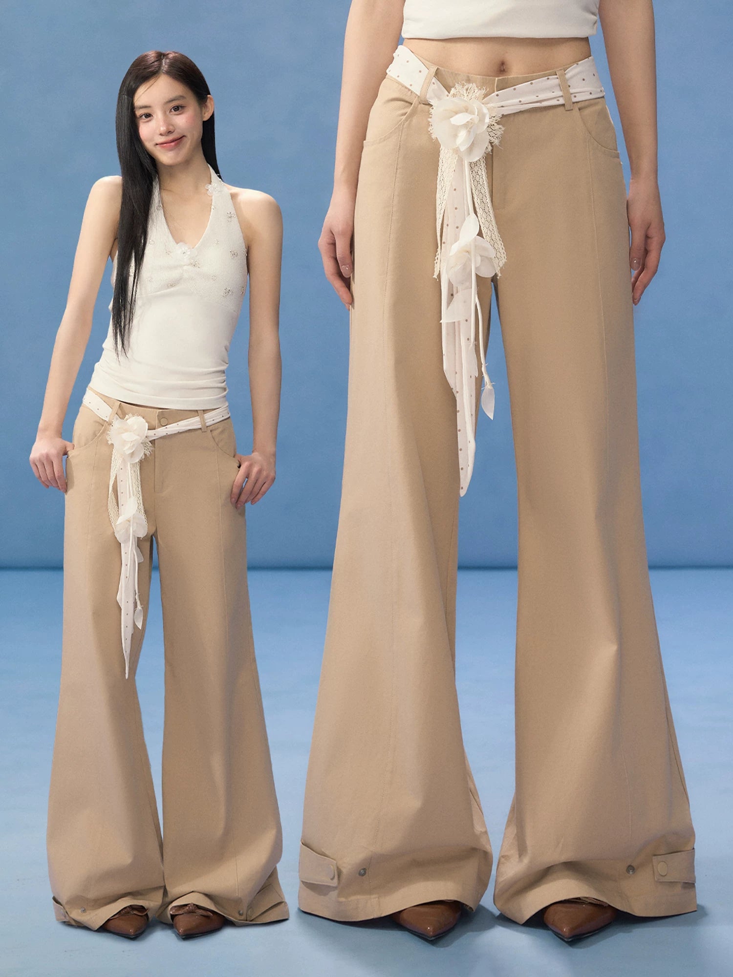 Brown Floral Belt Wide-Leg Pants