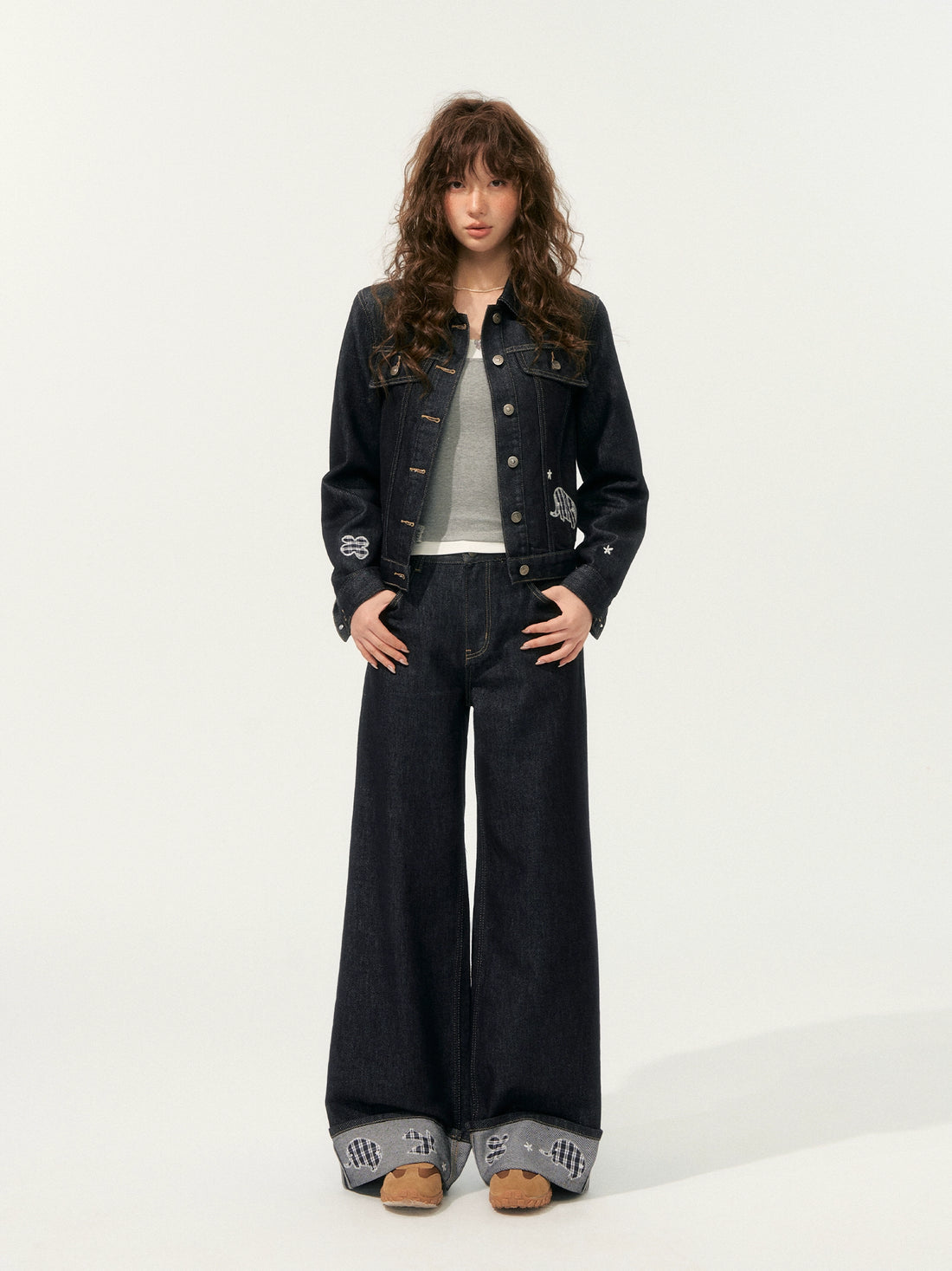 Denim Embroidered Cropped Jacket Set