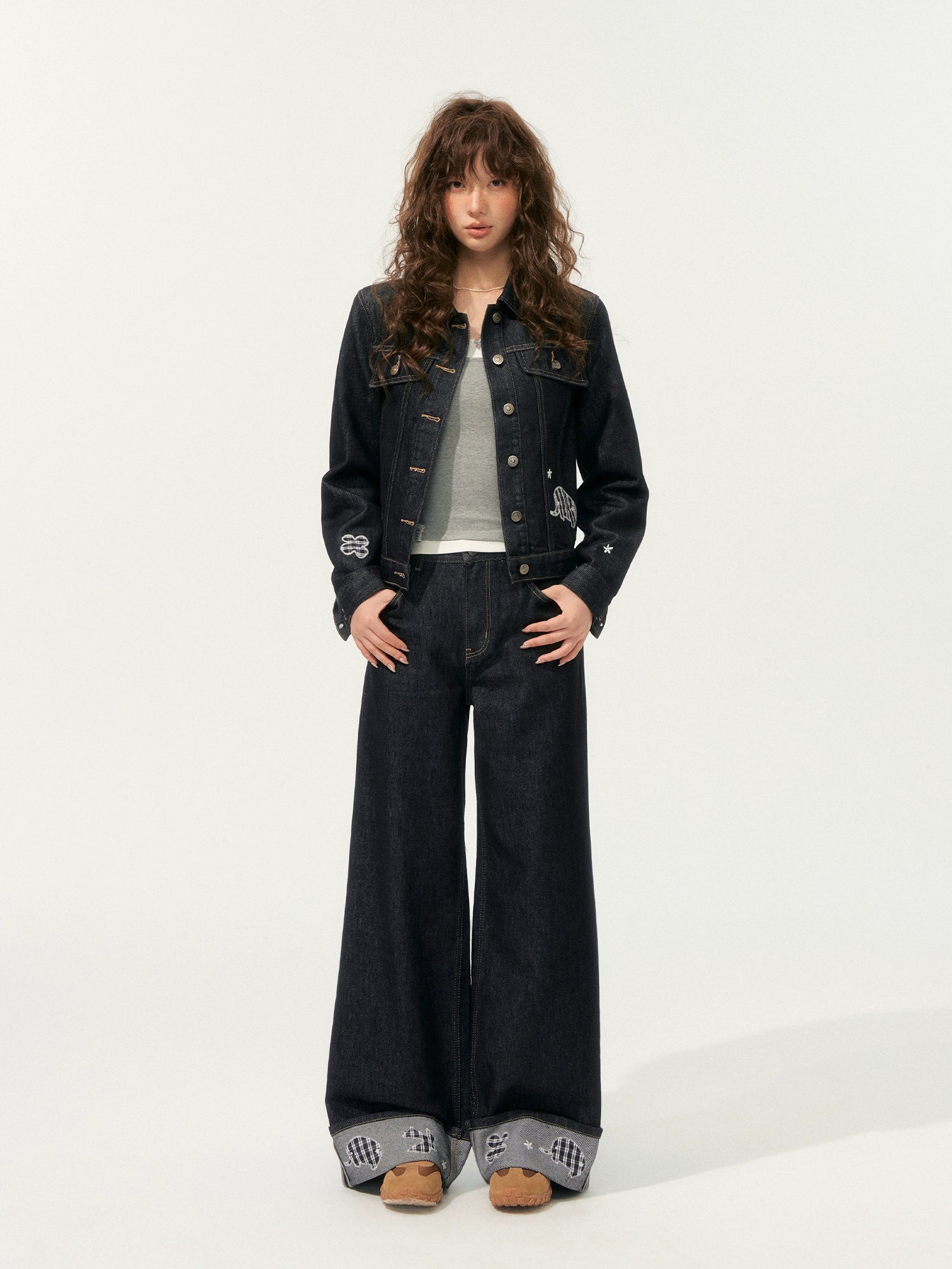 Denim Embroidered Cropped Jacket Set