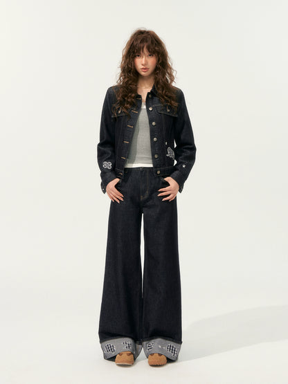 Denim Embroidered Cropped Jacket Set