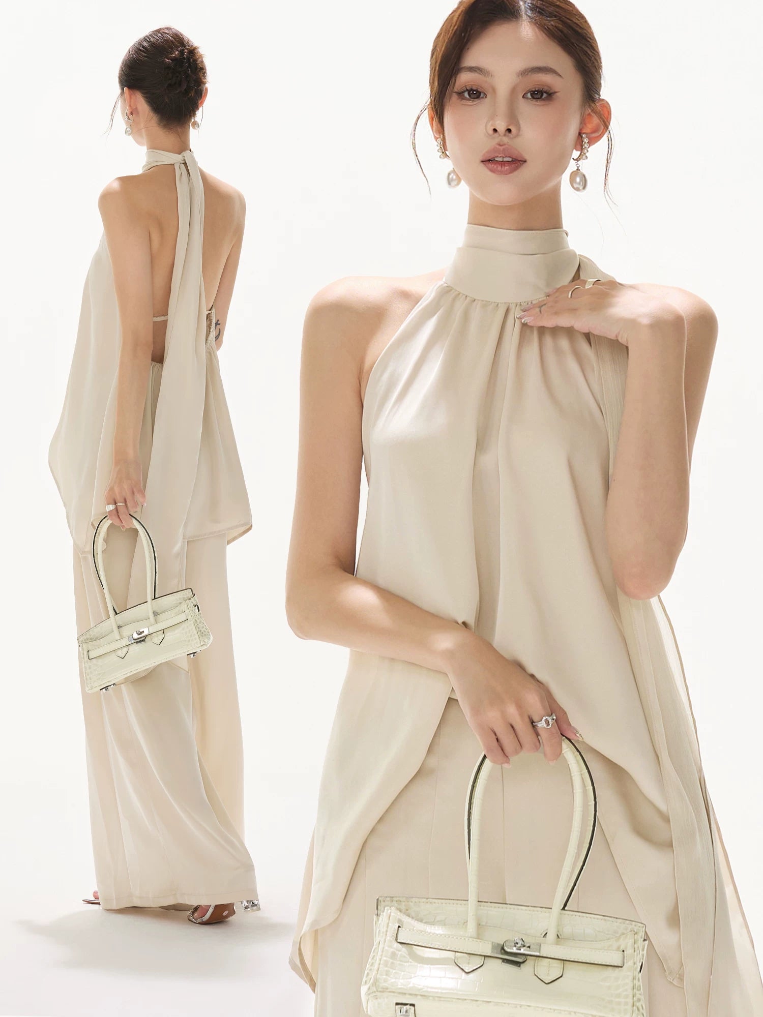 Satin Halter Tie Asymmetric Top