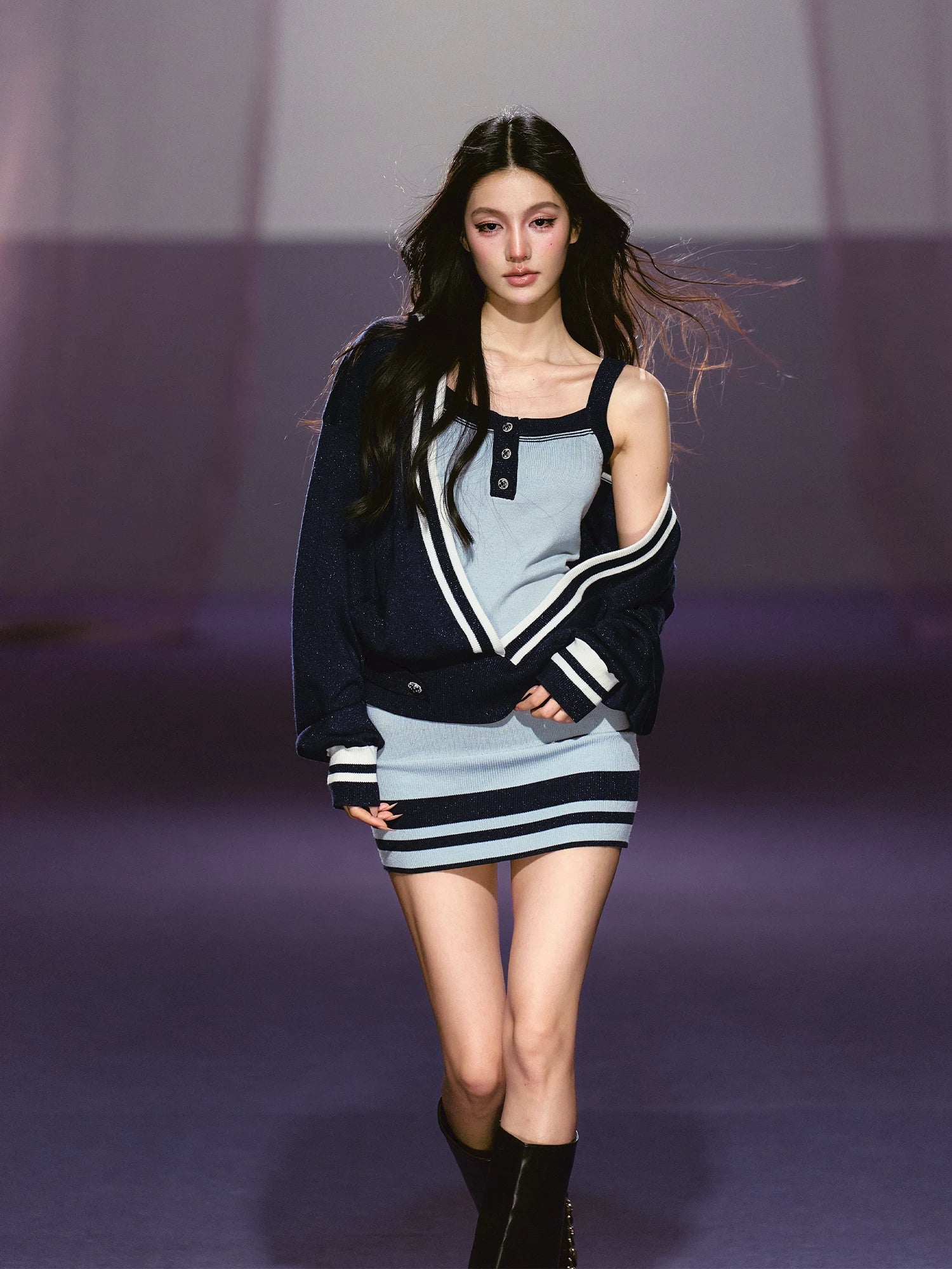 Blue V-Neck Knit Cardigan &amp; Dress Set